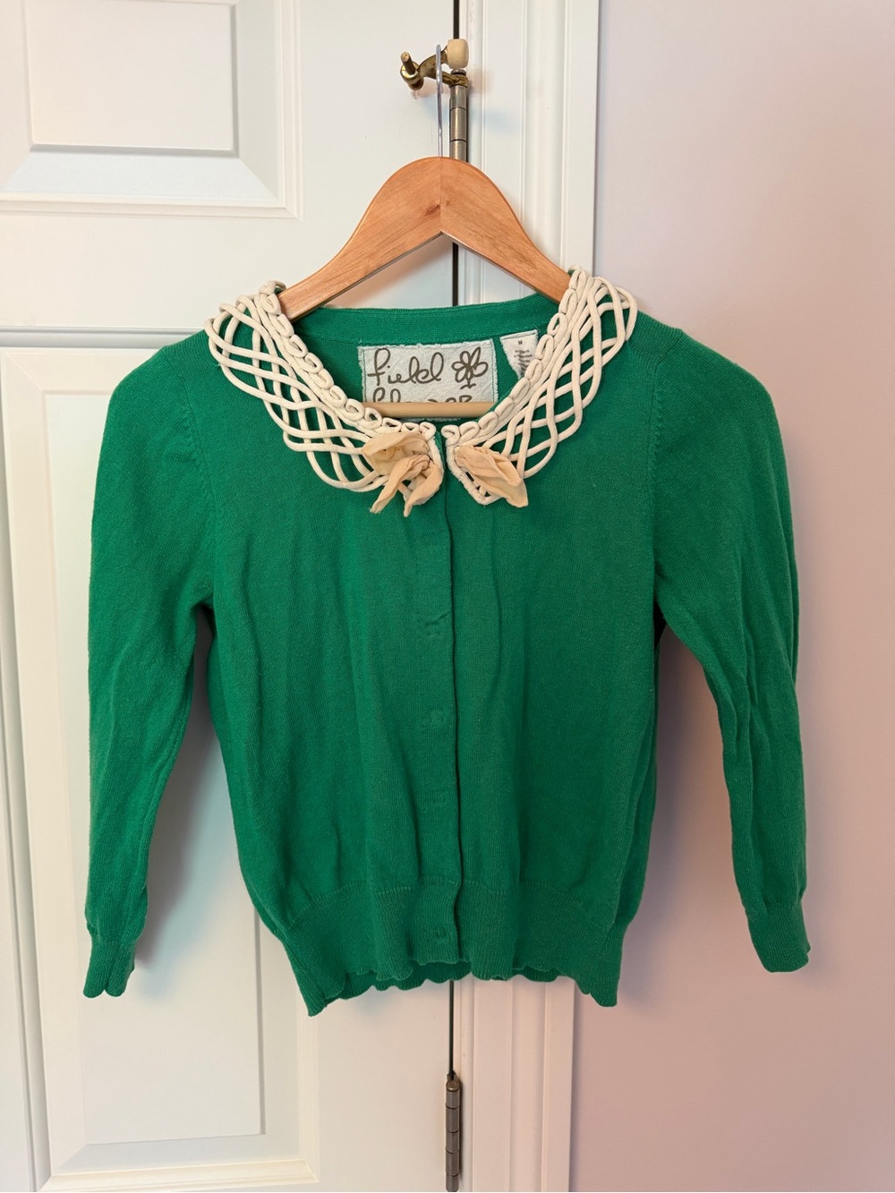 Anthropologie Field Flower Green Knit Sweater with Cream Lattice Collar